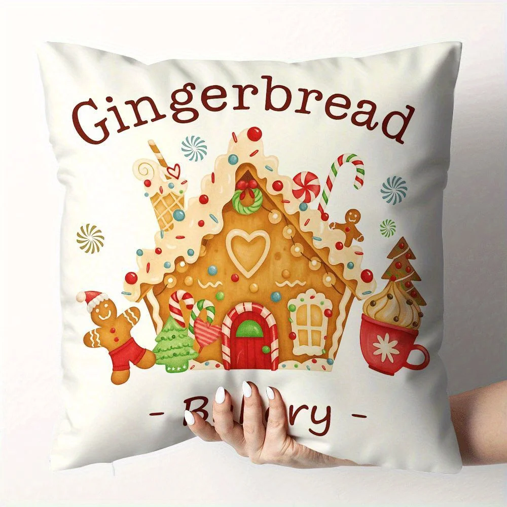 4pcs Set, New Christmas Pillow Covers with Gingerbread for Man Car and House Prints, Warm Comfortable