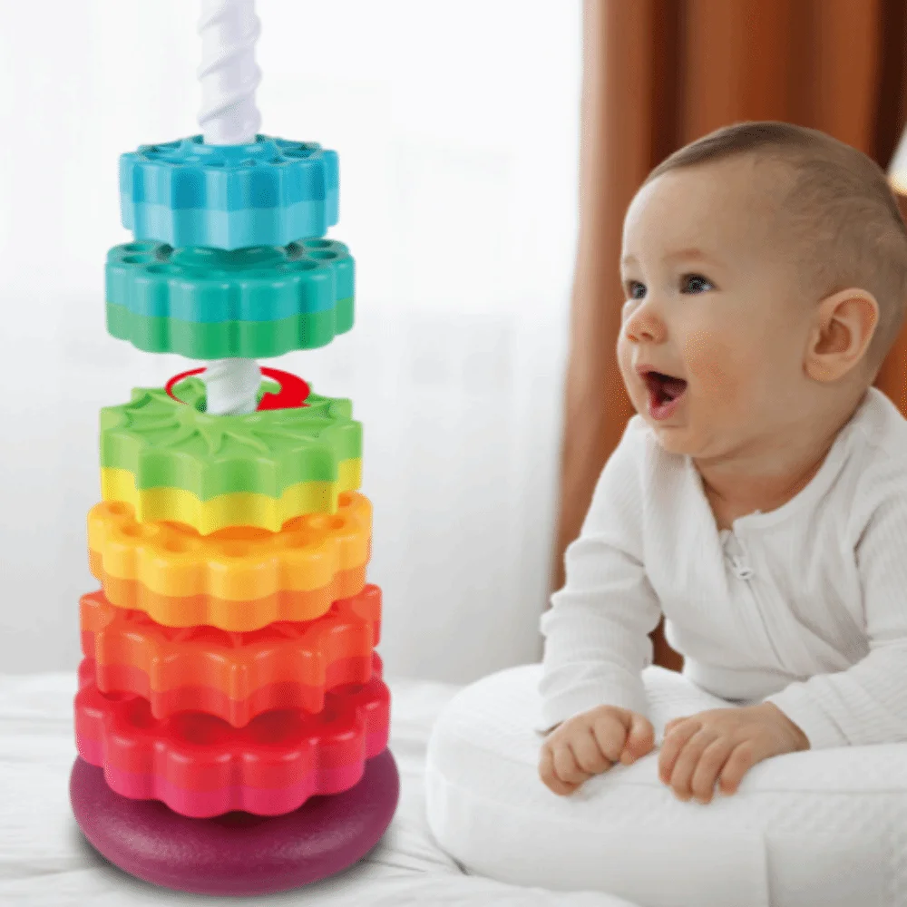 Montessori Rotating Rainbow Tower Spinning Safety Baby Stacking Puzzle Toys Environmental Protection Early Educational