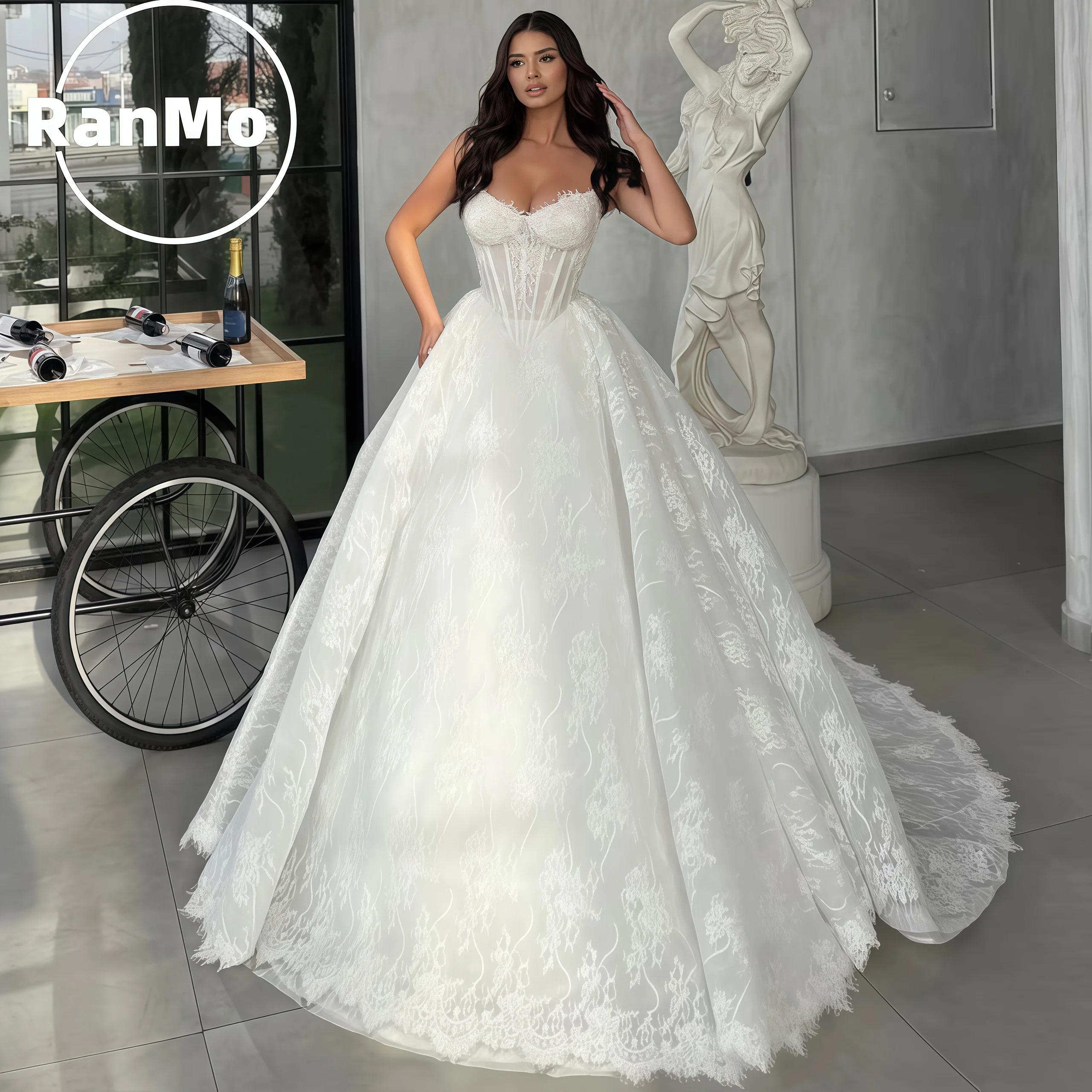 

Свадебные платья Ranmo класса люкс с блестящим кружевом, А-силуэт, с вырезом «сердечко», 2026, на заказ, со шнуровкой, со шлейфом