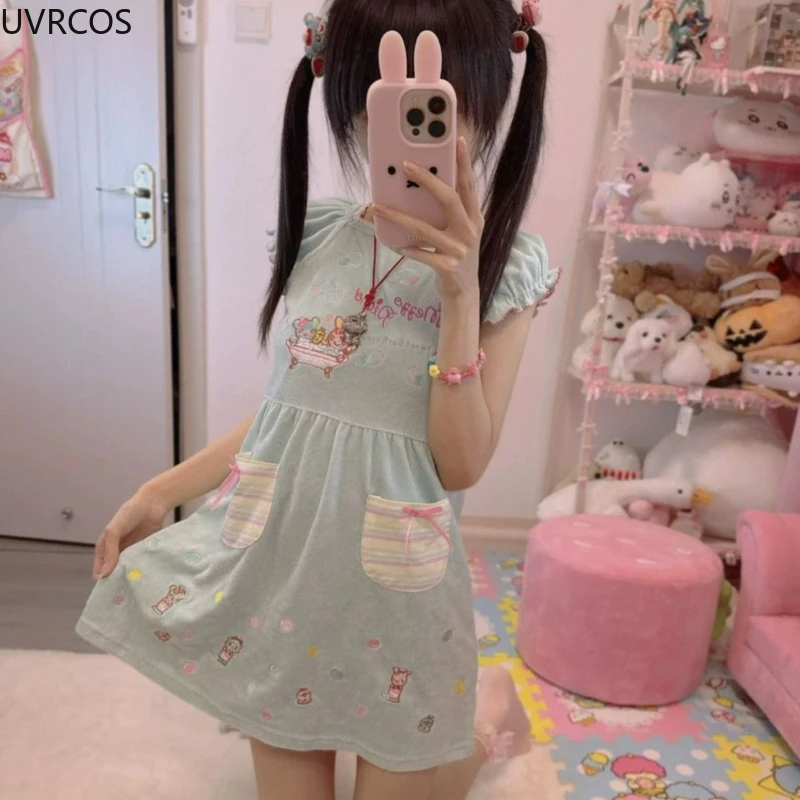 اليابانية Kawaii لوليتا نمط فستان المرأة الحلو الكرتون التطريز القوس الجيب ​ فستان Y2k الجمالي Harajuku Grunge Mini Vestidos