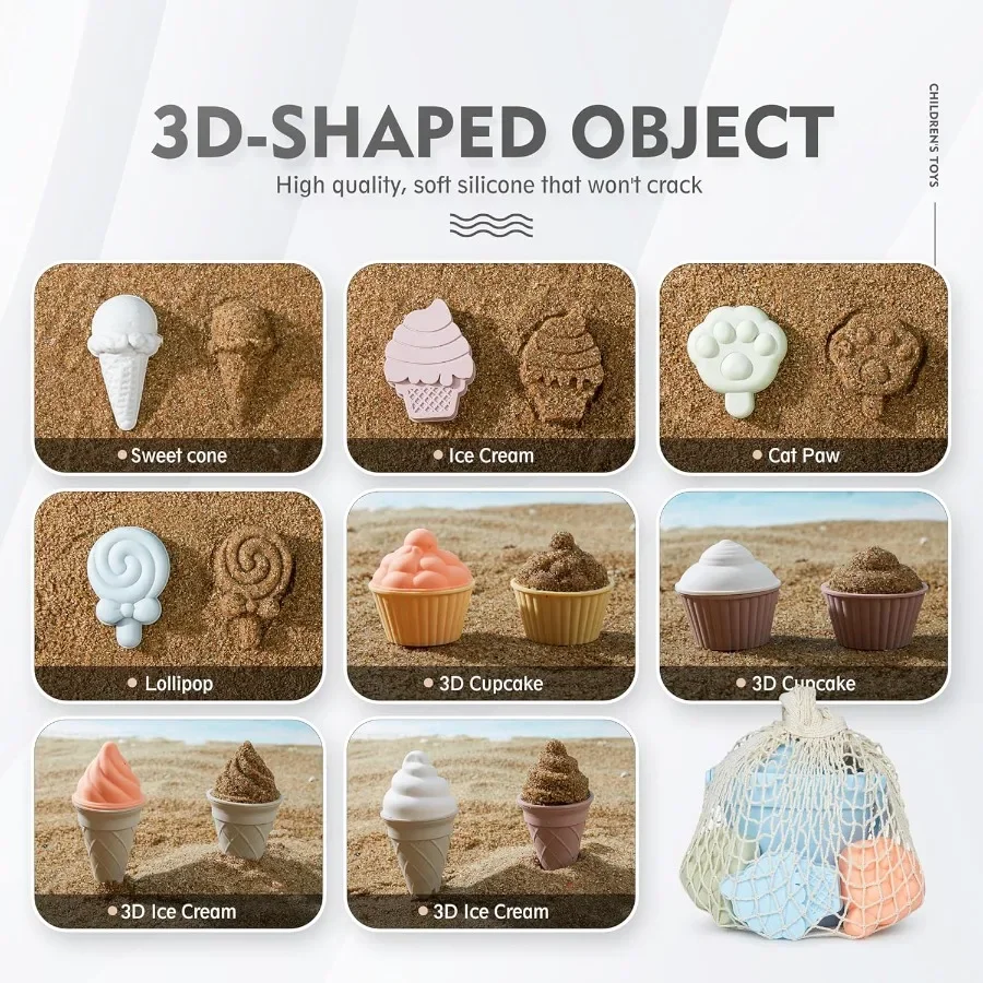 17 Uds juguetes de playa de silicona, juguetes de playa modernos para bebés, juego de playa apto para viajes, cubo de silicona, regadera, pala, 12 moldes de arena,