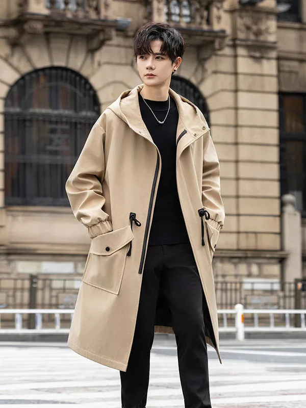 

Khaki Hooded Cotton Added Men's Coat Autumn Winter Medium Length Windproof Casual Sle High Quali Workwear Jaet