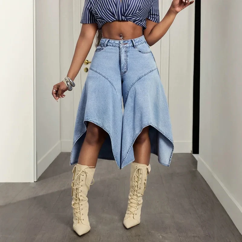 BKQU  Asymmetry Wide Leg Jeans Women's High Waist Elegant Chic Loose Denim Capri Pants 2026 New Streetwear