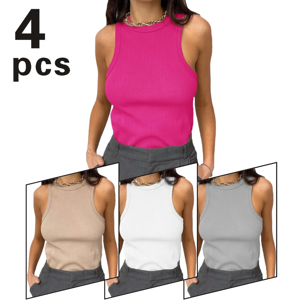 Four Piece Crop Vest Solid Round Neck Ribbed Tank Top Women Camisole Women Summer Basic Elastic Tank Top O Neck Solid Tank Top