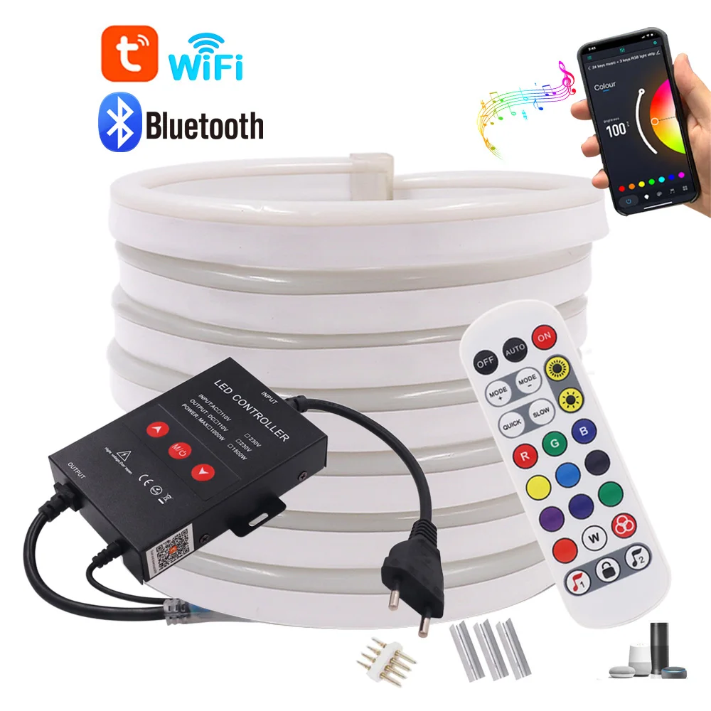 

220V 110V LED Neon RGB Strip Light 24key Remote 5050 2835 Waterproof Flexible Ribbon Silicone Rope Lights WIFI Bluetooth Kit