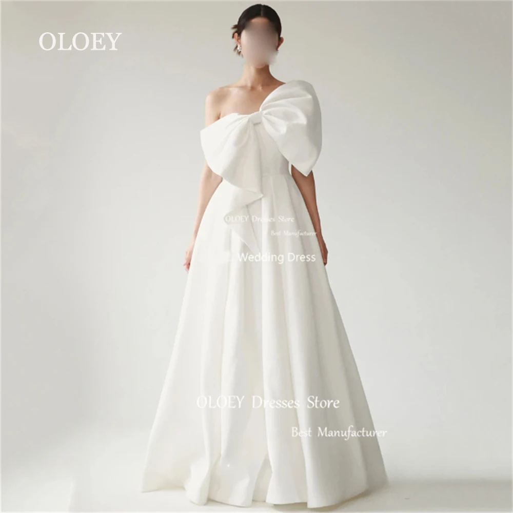 OLOEY Simple Satin Strapless Wedding Dress Korea Photoshoot A Line Bow Sleeveless Bridal Gowns Ivory Floor Length Custom Made