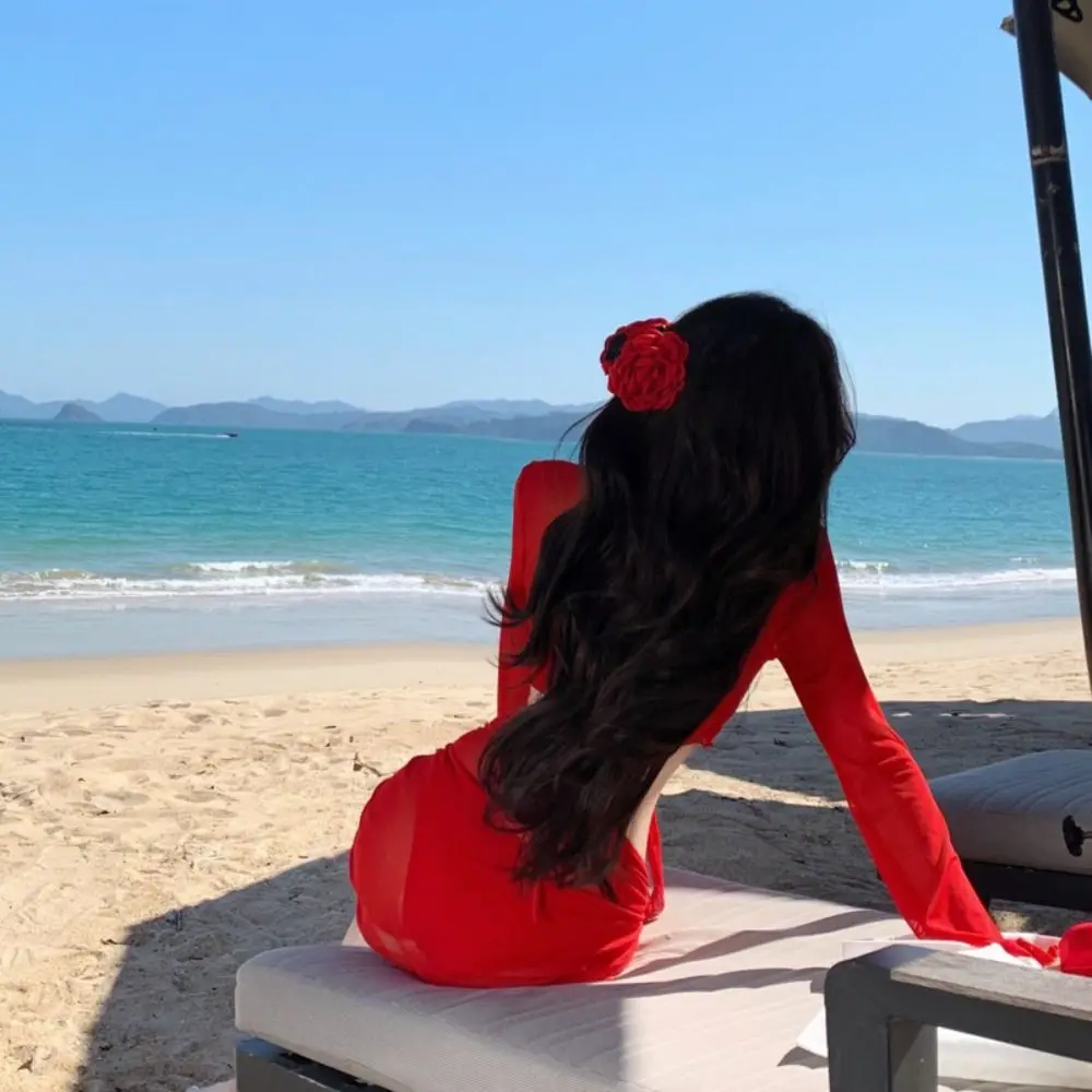 

Pure Red Color Four Piece Bikini Set Lace Up Design White Color Long Sleeved Swimsuit Cover Up Skirt Solid Color Split Swimsuit