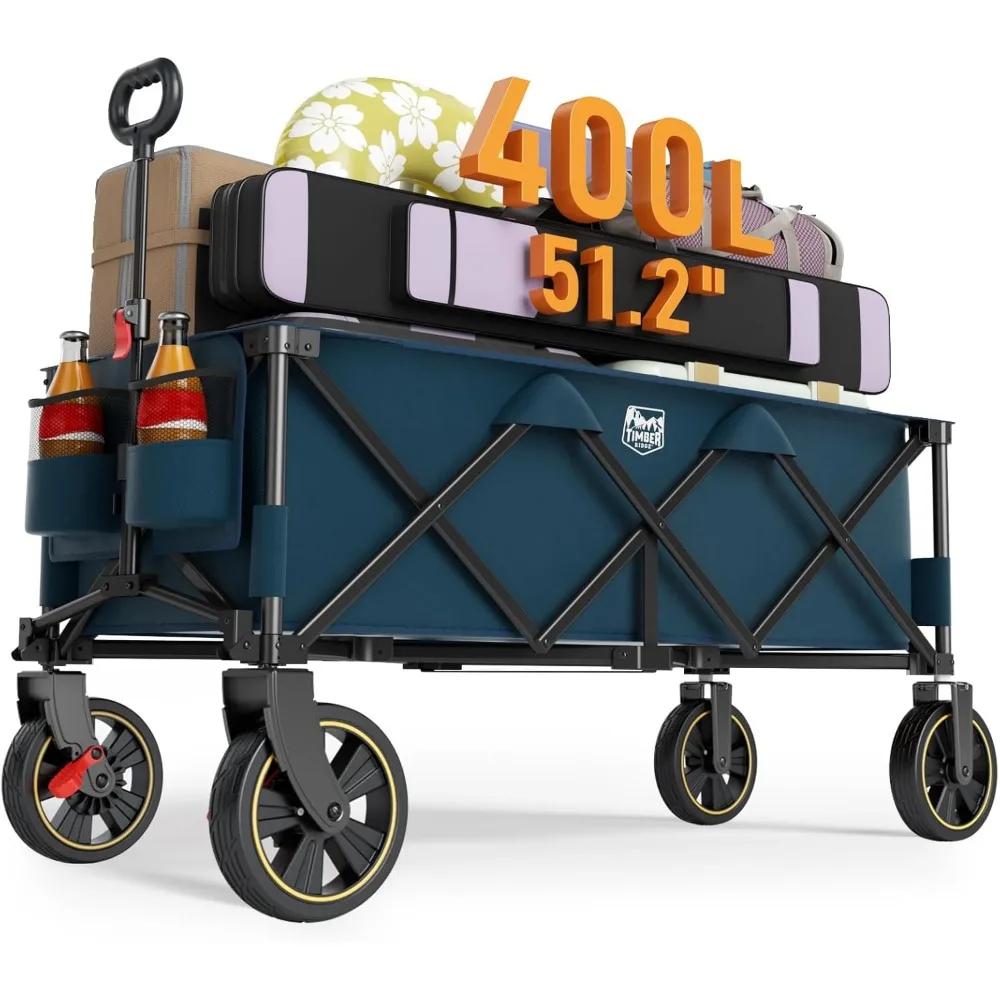 

51.2'' Extended Collapsible Wagon Cart with Brakes and Cargo Net, 350LBS Heavy Duty Foldable Utility Wagon with Adjustable Hand