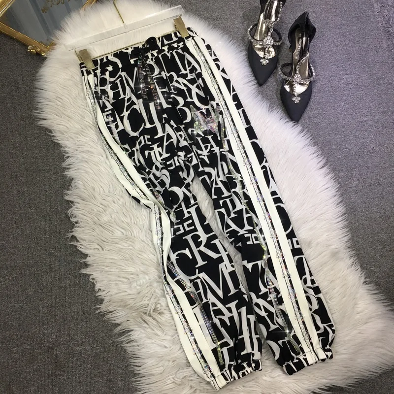 

Blingbling Hot Drilling Ankle-length Pants 2023 New Summer Black White Letters Casual Chiffon Trousers Elastic Waist Sweat Pants