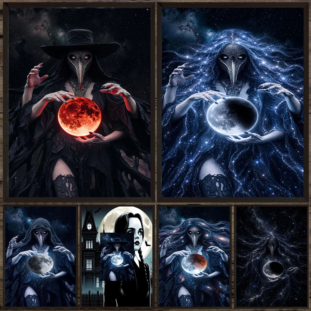 Gothic Plague Doctor Witch Canvas Wall Art,Celestial Starry Sky Lunar Orb Blood Moon Eclipse Surreal Dark Occult Art Poster