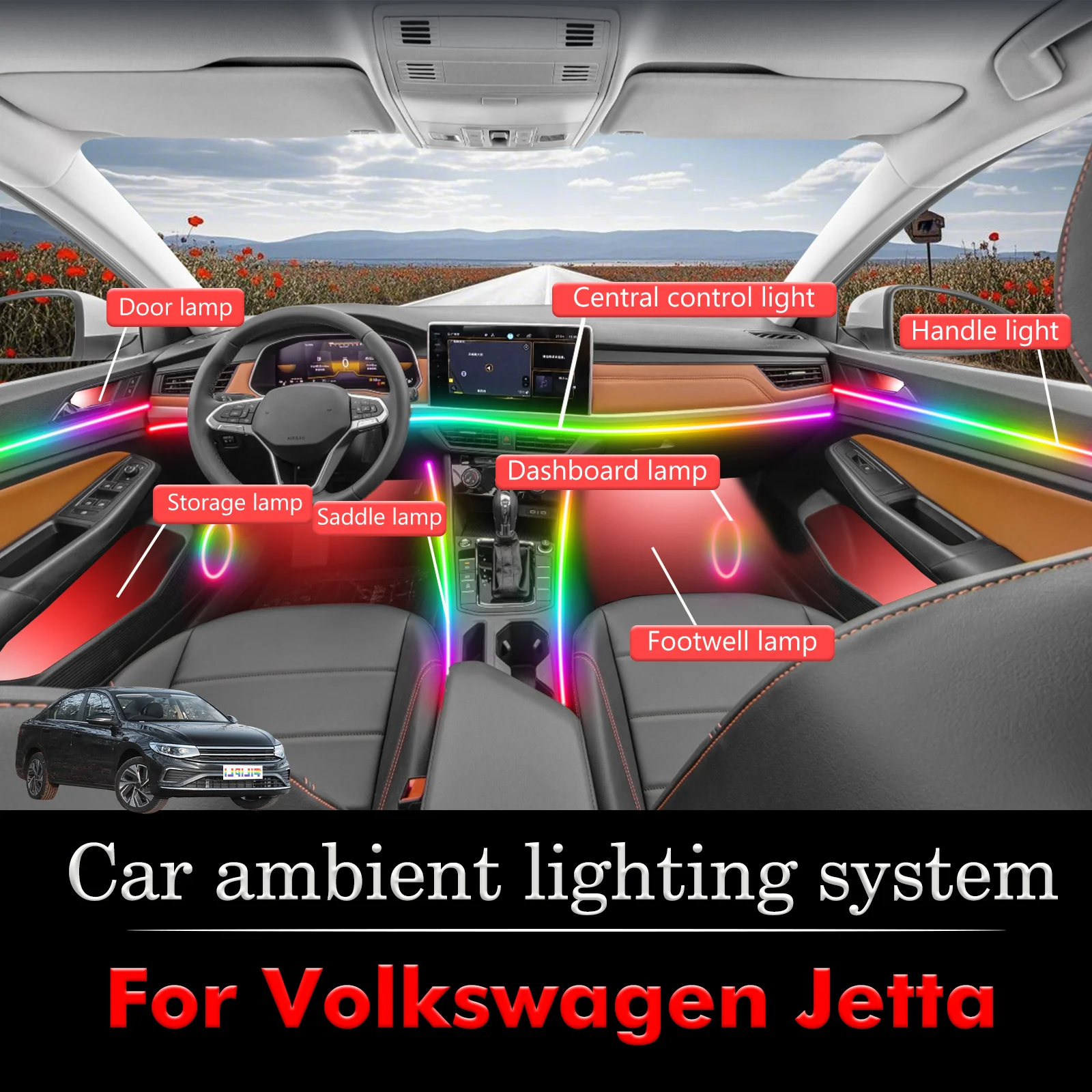 

For Volkswagen Jetta RGB 64 Colors LED Car Interior Ambient Light Smart Remote Control Rainbow Acrylic Strip Set