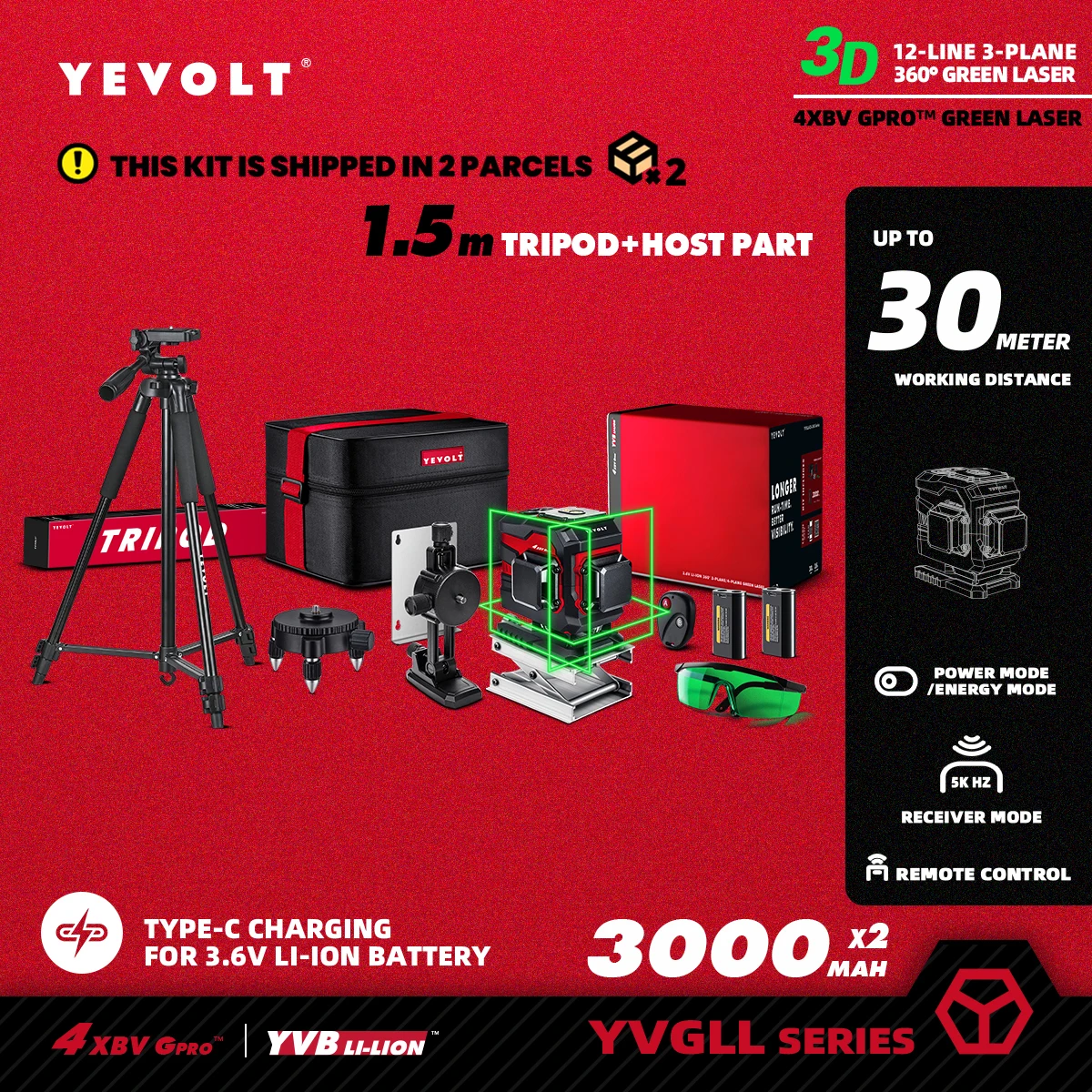 YEVOLT Green Laser Level 3-Plane 12-Line Horizontal & Vertical Self-leveling 360 3D Power x 2 Measuring Tools-YVGLL4XS12T Series