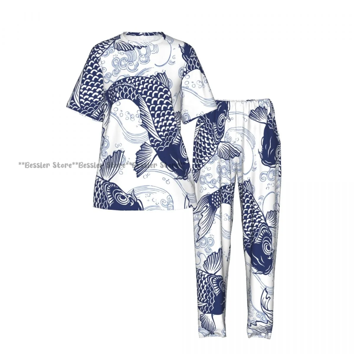 Women's Blue Fish Carp Koi Wave Pattern short sleeve trousers casual pajamas set