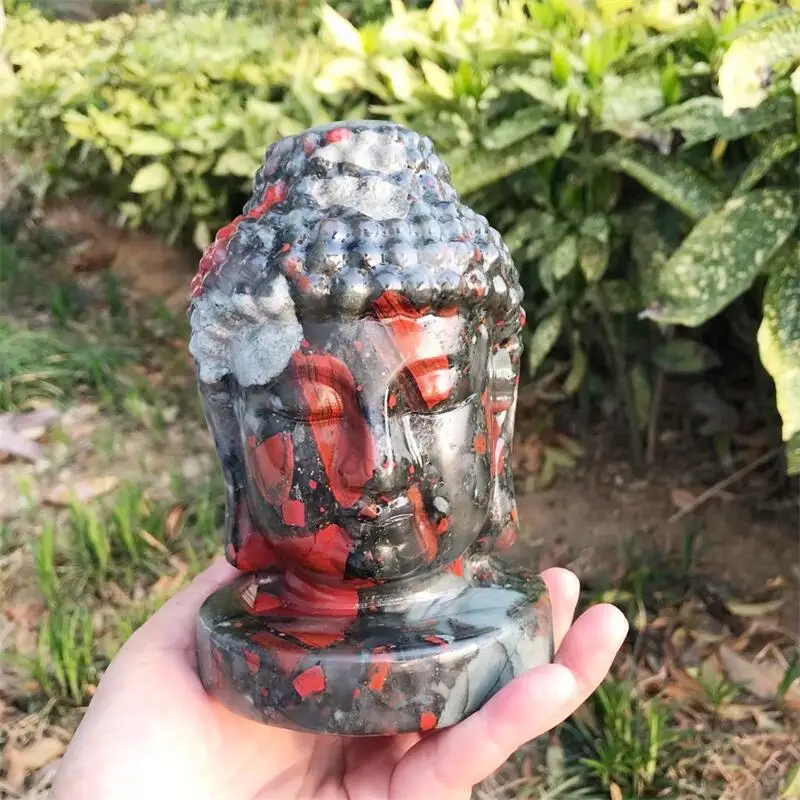 Natural Blood Stone Buddha Head Carving Crystal Reiki Crafts Room Decor Home Office Decoration Gift 1pcs