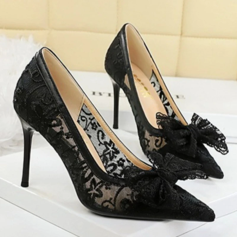BIGTREE Shoes Women 9.5 Cm Heels Lace Mesh Women Pumps Bowknot High Heels Stiletto Sexy Party Shoes Fashion Lady Wedding Shoes view 6
