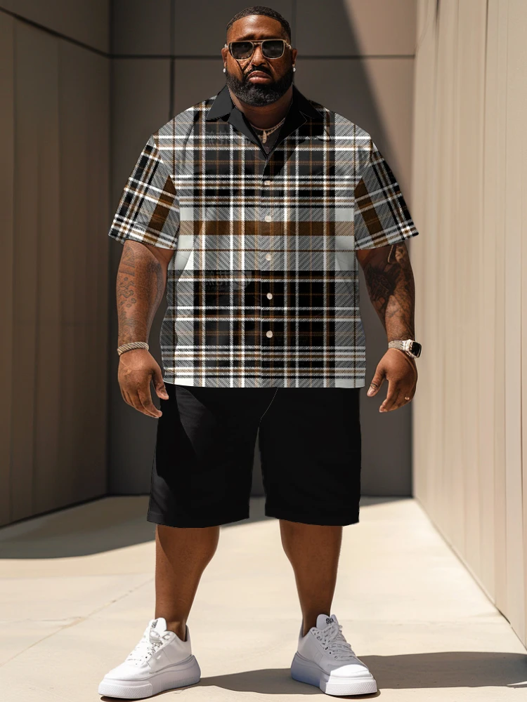 L-9XL Short sleeved Shirt Shorts Set Plus Size Men Summer Leisure Daily Walk Classic Checkered Two Piece Set ZOOY