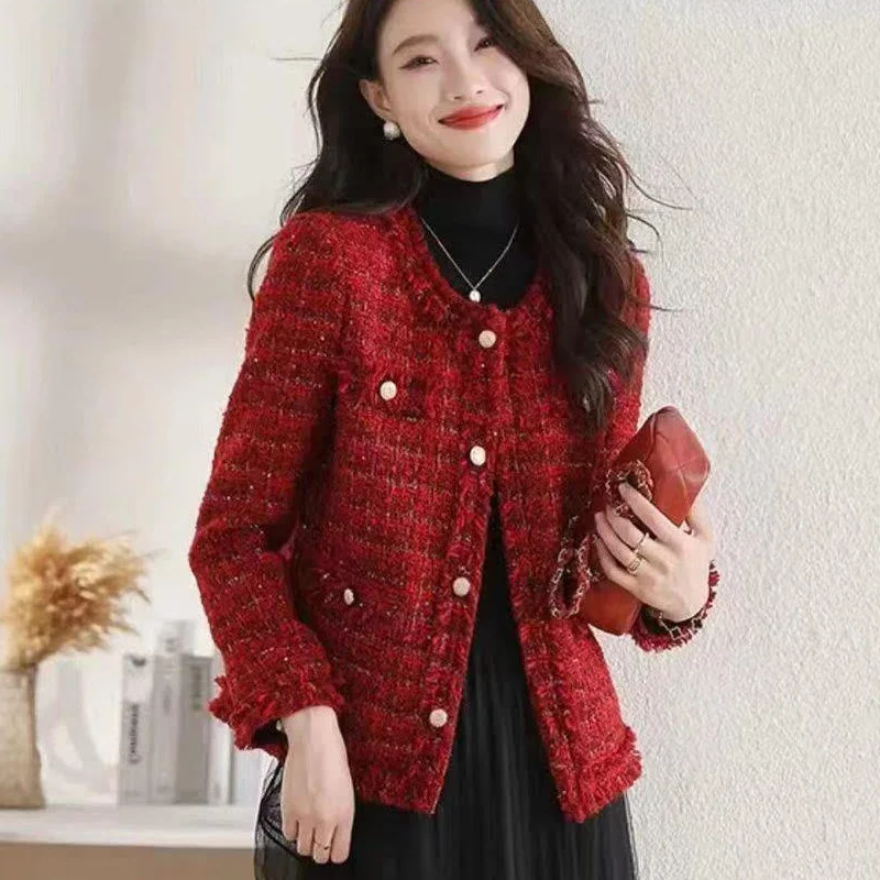 2025 New Autumn Jacket French High end Temperament Red Fragrant Coat Women Short Thick Tweed Outwear Female Cropped Jacket Tops