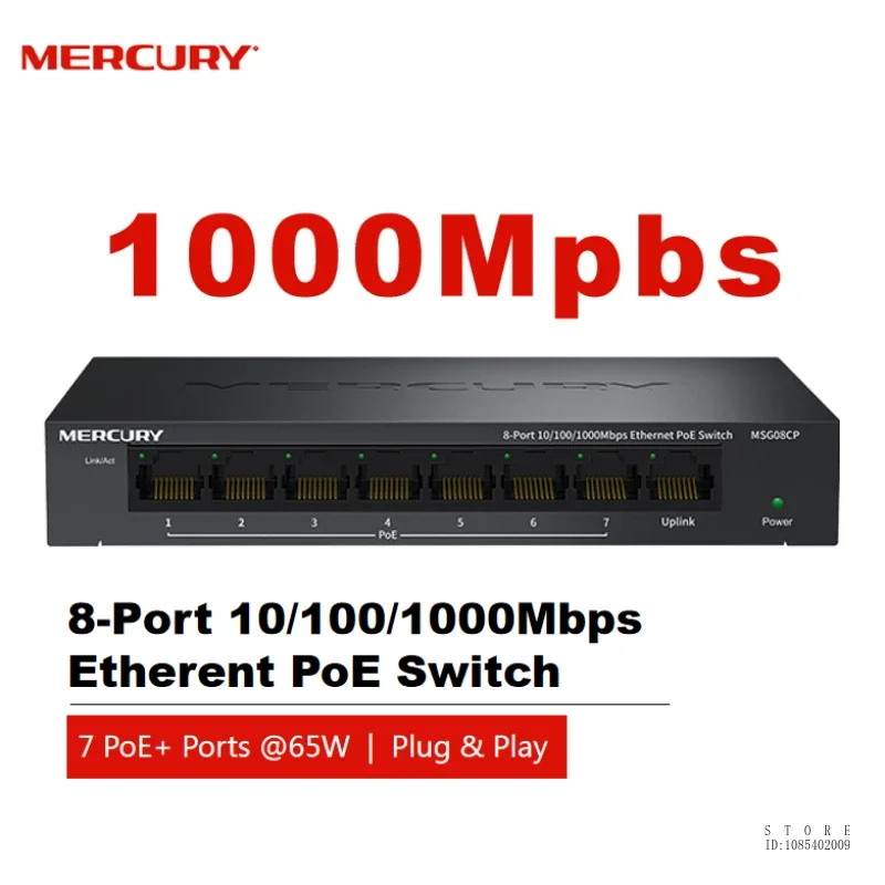 

MERCURY 8 Port PoE Gigabit 100/1000Mbps Ethernet Switch - with 7*PoE @ 65W, Desktop, Plug & Play, Sturdy Metal MSG08CP