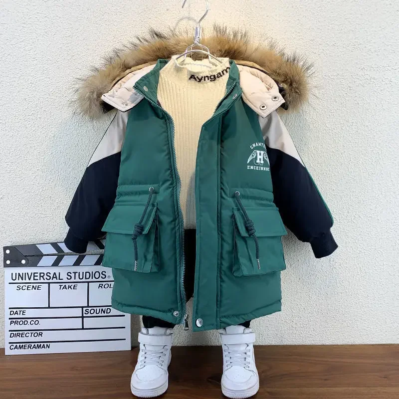 Winter Boys Warmth Fleece Lined Drawstring Detachable Fur Hood Snow Jackets Child Therme Parka Kids Outfit Top Coats 1-11 Years