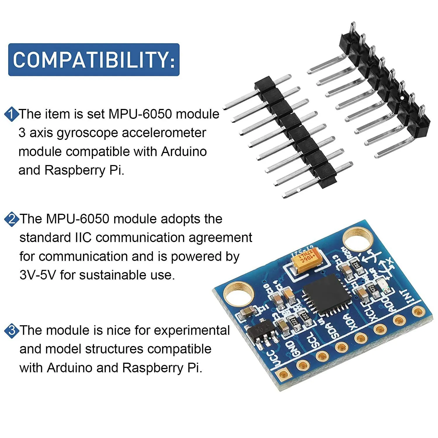 RISE 10 Pieces GY-521 MPU-6050 MPU6050 Module, 3 Axis Accelerometer 6 DOF Gyroscope Sensor Module Kit 16 Bit AD Converter