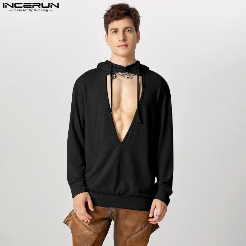 INCERUN Men Knitted Deep V-Neck Hooded Sweatshirts Casual Solid Color Loose Pullovers Handsome Simple Commuting Work Jumpers