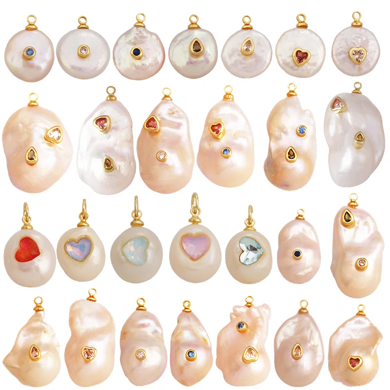 Fashion Natural Pearl Shell Charm Pendant,Real 18K Gold Plated Jewelry Necklace Craft Making Colorful Zircon DIY Accessories R17
