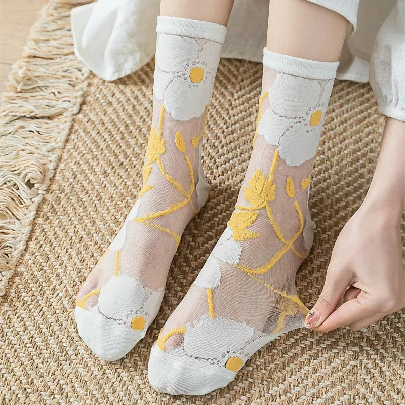 Summer Ultra-thin Crystal Silk Socks Floral Embroidery Harajuku Retro Elastic Long Socks Mesh Fishnet Transparent Lace Socks Sox