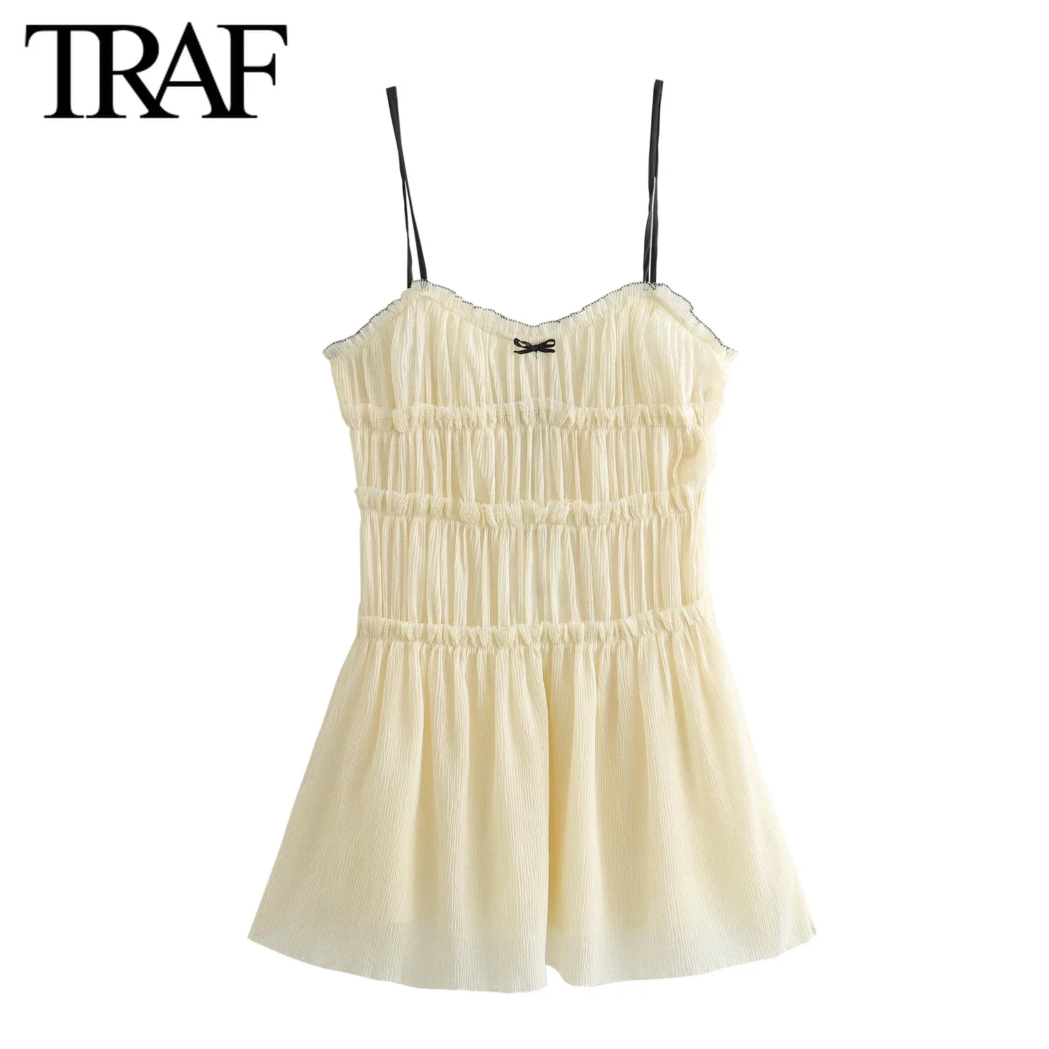 TRAF Women Fashion Summer Layered Splicing Bow Texture Sleeveless Sexy Sling Backless A-line Mini Dress Chic Female Evening