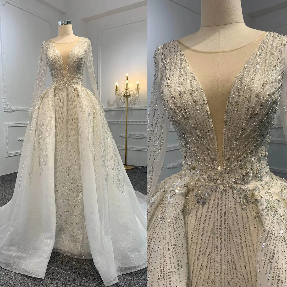 Luxury Mermaid Wedding Dresses For Women Sequins Beaded Bridal Gown Sheer Neck Long Sleeves Detachable Train Dress Custom Made