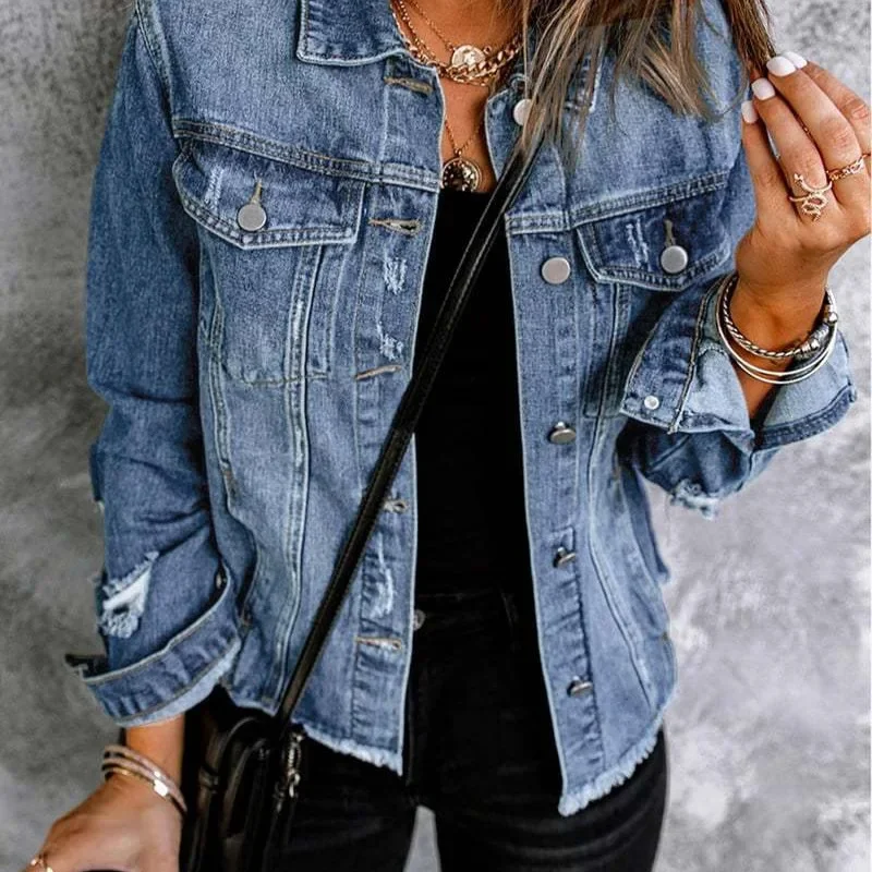 Dameskraag Denim Jaet Long Sve Niet-elastische versleten look Turn-down kraag Jeans Jaet Straight Cut Europese Sle