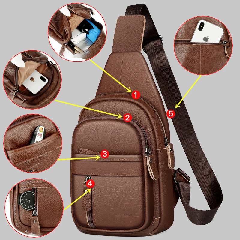 2023 Homens Original de Alta Qualidade Couro De Vaca Triângulo Casual Crossbody Peito Sling Bag Design Viagem Um Saco De Ombro Daypack Masculino