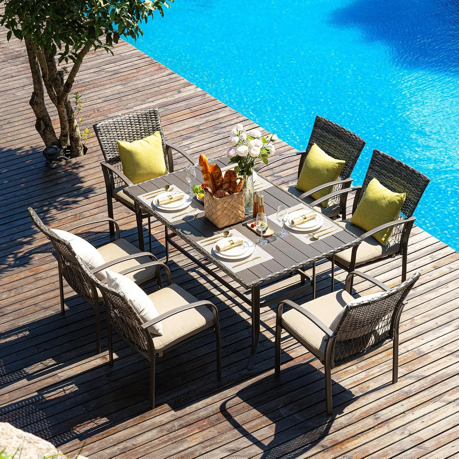 Wicker Patio Dining Set 7 Piece With Iron Slat Table & Removable Cushions For Backyard Garden Deck, Beige, Customized