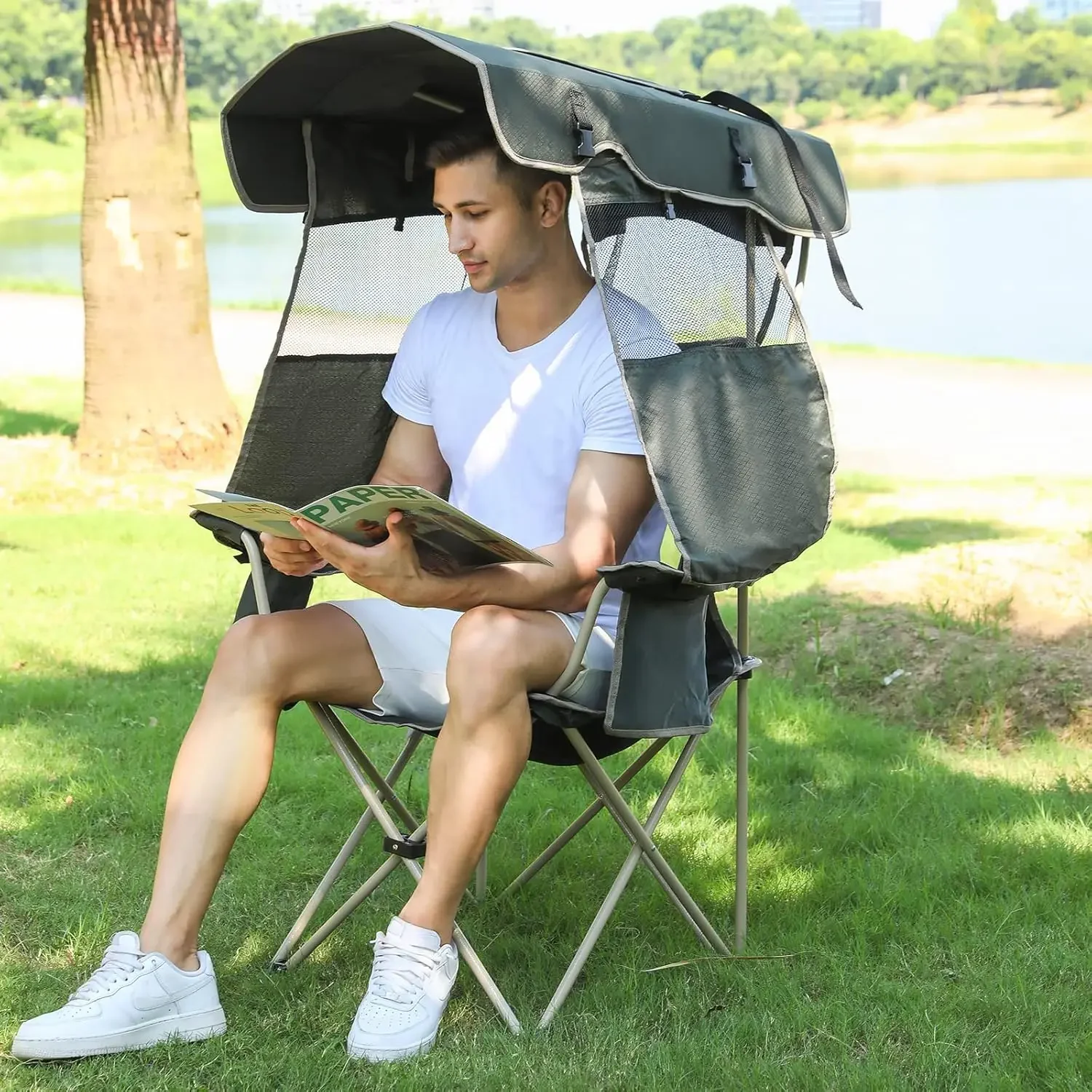 Chair with Shade Canopy - Outdoor Folding Patio Chair - Includes Retractable Sun Shade, Cup Holder, Side Pockets (Army Green)