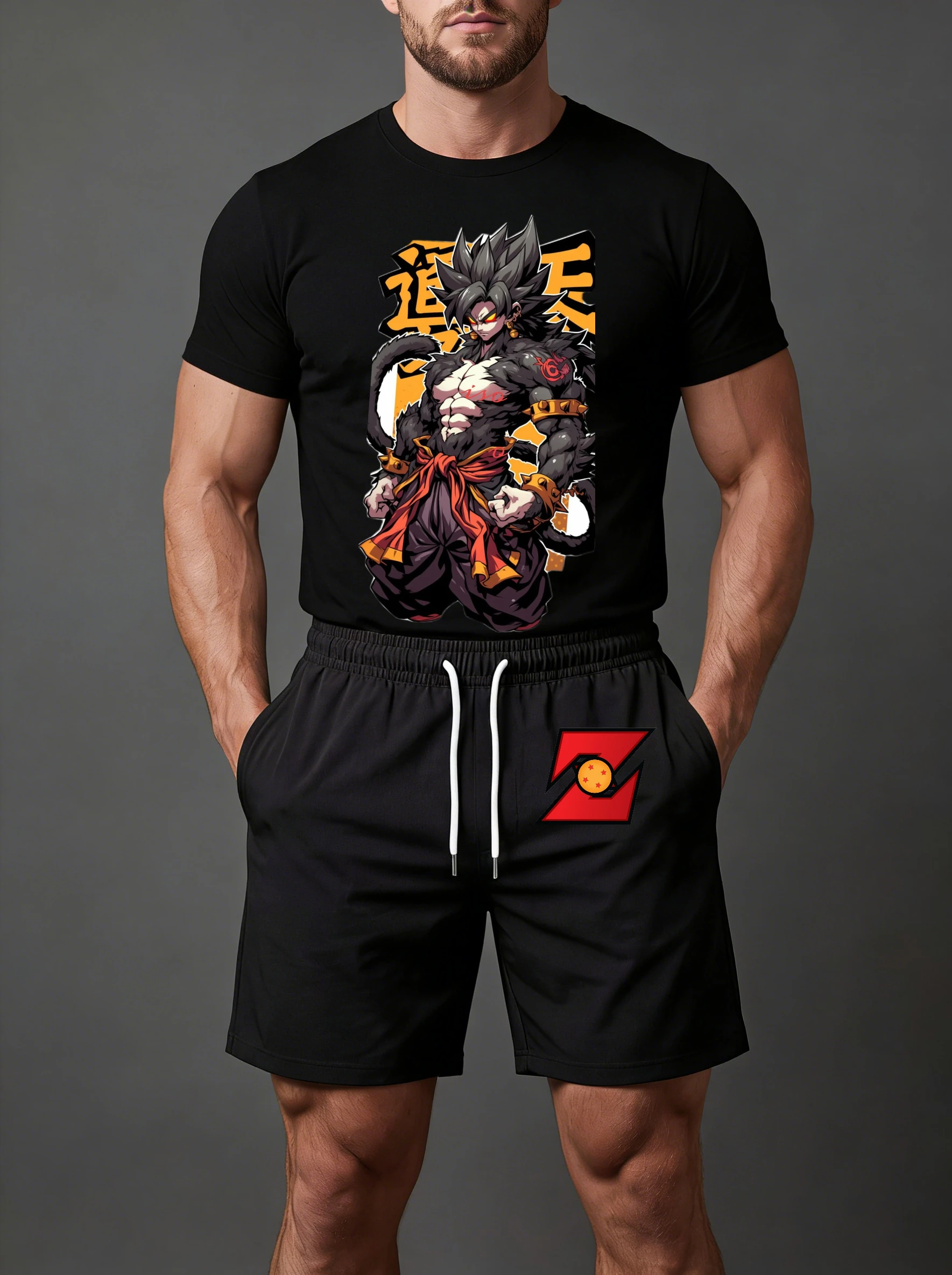 

2026 Summer Men's T - Shirt Shorts Set Dragon Ball Super Saiyan Son Goku Black Hair Red Belt Cloud Printed Soft Breathable