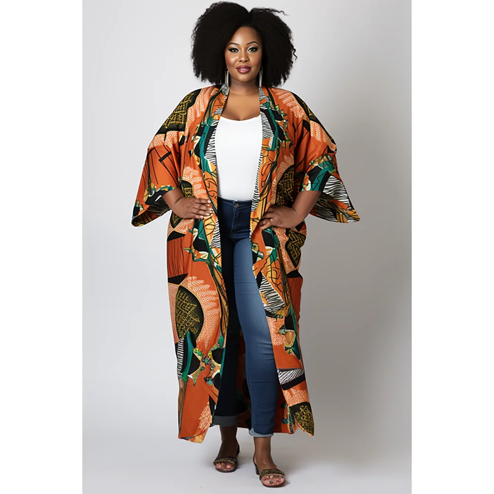 Plus Size Daily Cardigans lässig orange Ankara Frühling Sommer Ärmel Cardigans