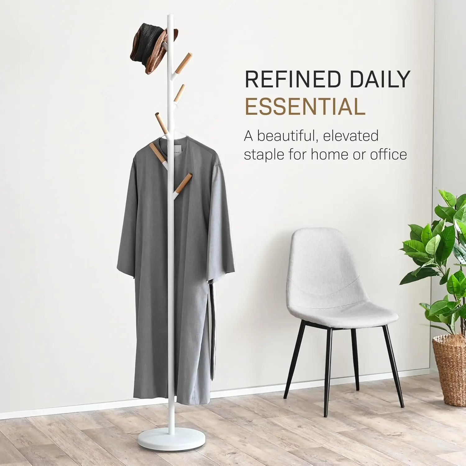 Freestanding Coat Rack with Wooden Hooks, Weighted Base Steel Entryway Stand, White, Easy Assembly, Customized