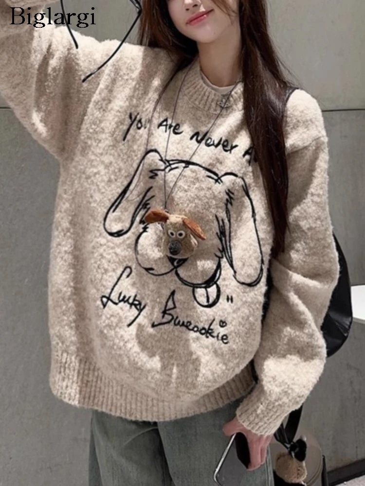 Knitted Autumn Winter Pullover Sweater Tops Women Cartoon Dog Embroidery Modis Ladies Sweaters Korean Style Loose Woman Sweater