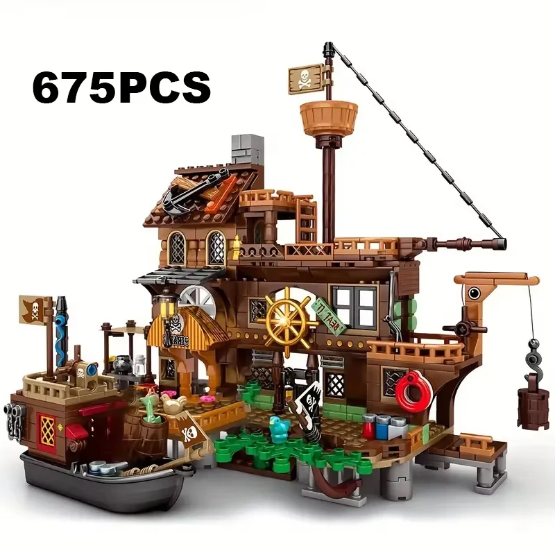 Creatieve Middeleeuwse Piraten Eiland Fort Kasteel Bouwstenen Avontuurlijk Schip Blokhut Model Boot Monteer Bakstenen Speelgoed Jongen Cadeau