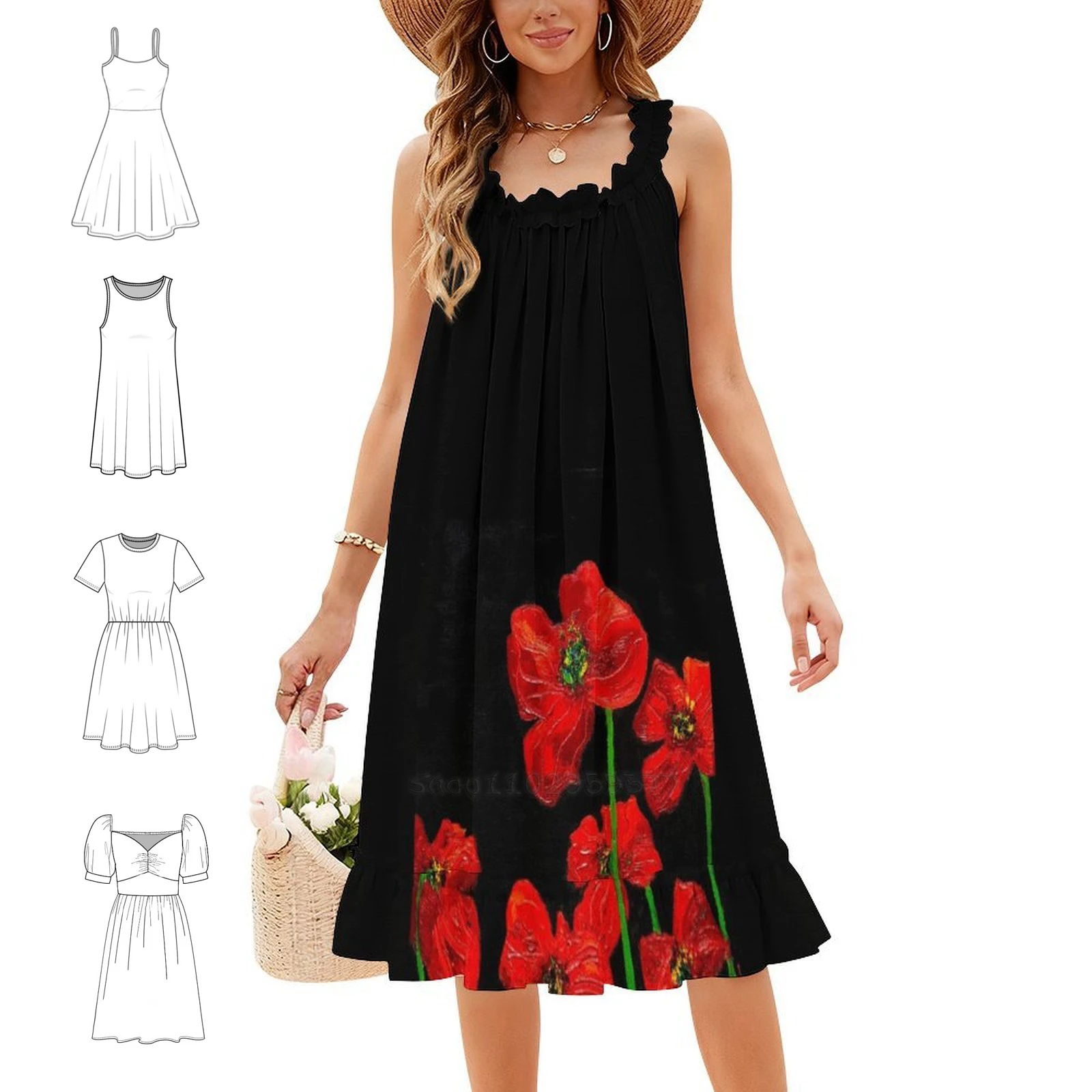 Red Poppies On Black Women's Streetwear Party Dress Trendy Print Club Clothing For Female Poppies Poppy Black And Red Flowers