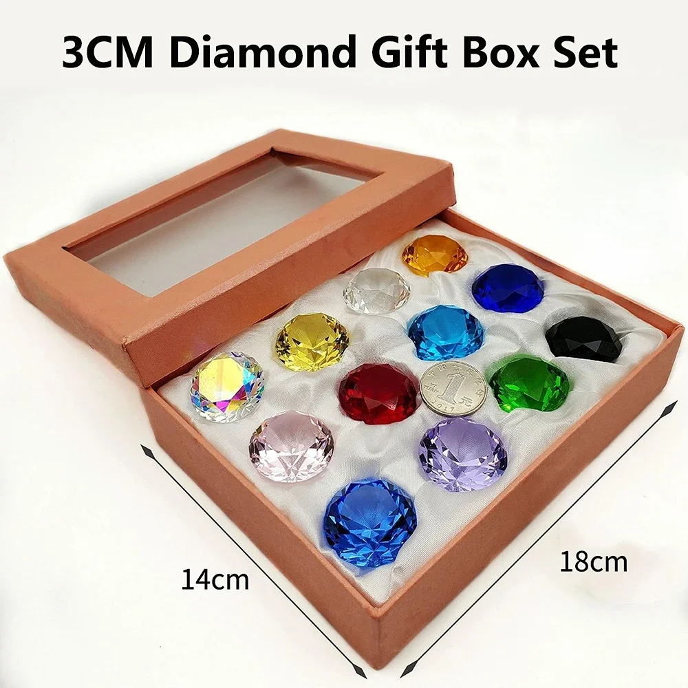 12pcs Artificial Crystal Glass Diamond Jewel Paperweight Home Decor Children Toys 12 Round Color Cut Crystal Gem Gift Box Set ()