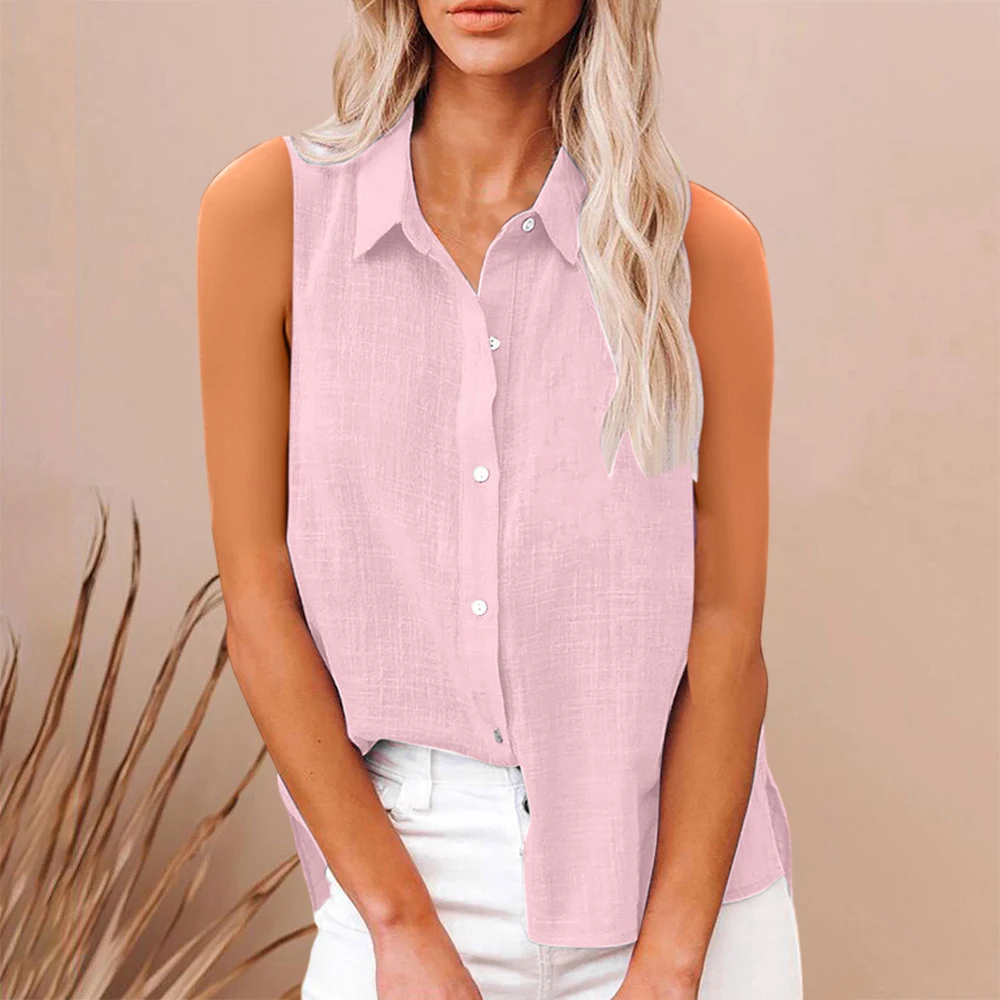 Office Lady Casual Shirts Commuter Single-breasted Lapel Shirt Tops Blouses Solid Color Sleeveless Tank Tops Summer Streetwear