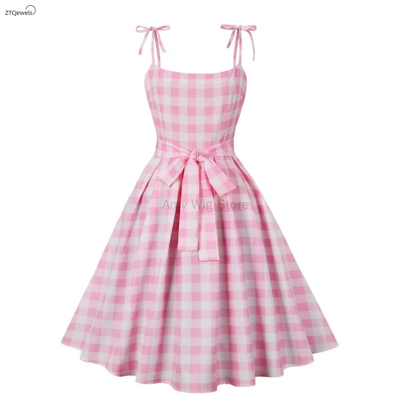 

Summer Pink Plaid Dress for Women Costumes 1950s Vintage Outfits Halloween Cosplay Prom Dress with Accessories Tea Dress
