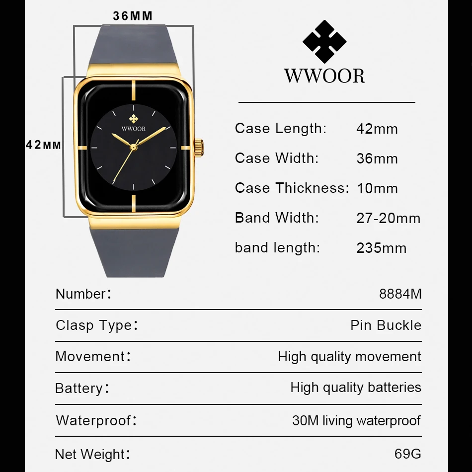 WWOOR Original Silicone Strap Watches for Mens Creative Fashion Square Dial Clock Male Casual Fashion Wristwatches Reloj Hombre