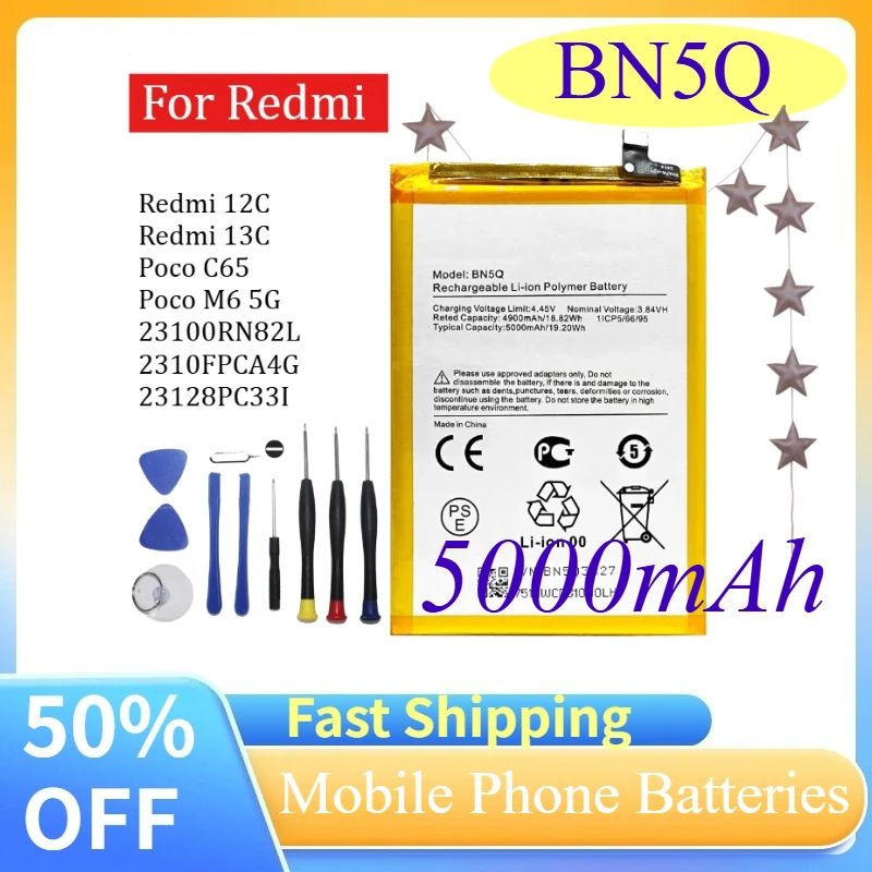 5000mAh BN5Q For Redmi 12C/Redmi 13C/Poco C65/Poco M6 5G/23100RN82L/2310FPCA4G/23128PC33I Mobile Battery Replacement Batteries