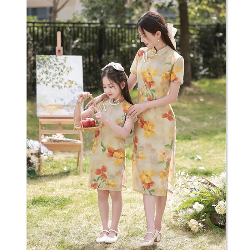 Single Silk Mid-Length Linen Parent-Child Cheongsam Qi Pao Summer New Retro Ethnic Style Girls' Daily Chinese