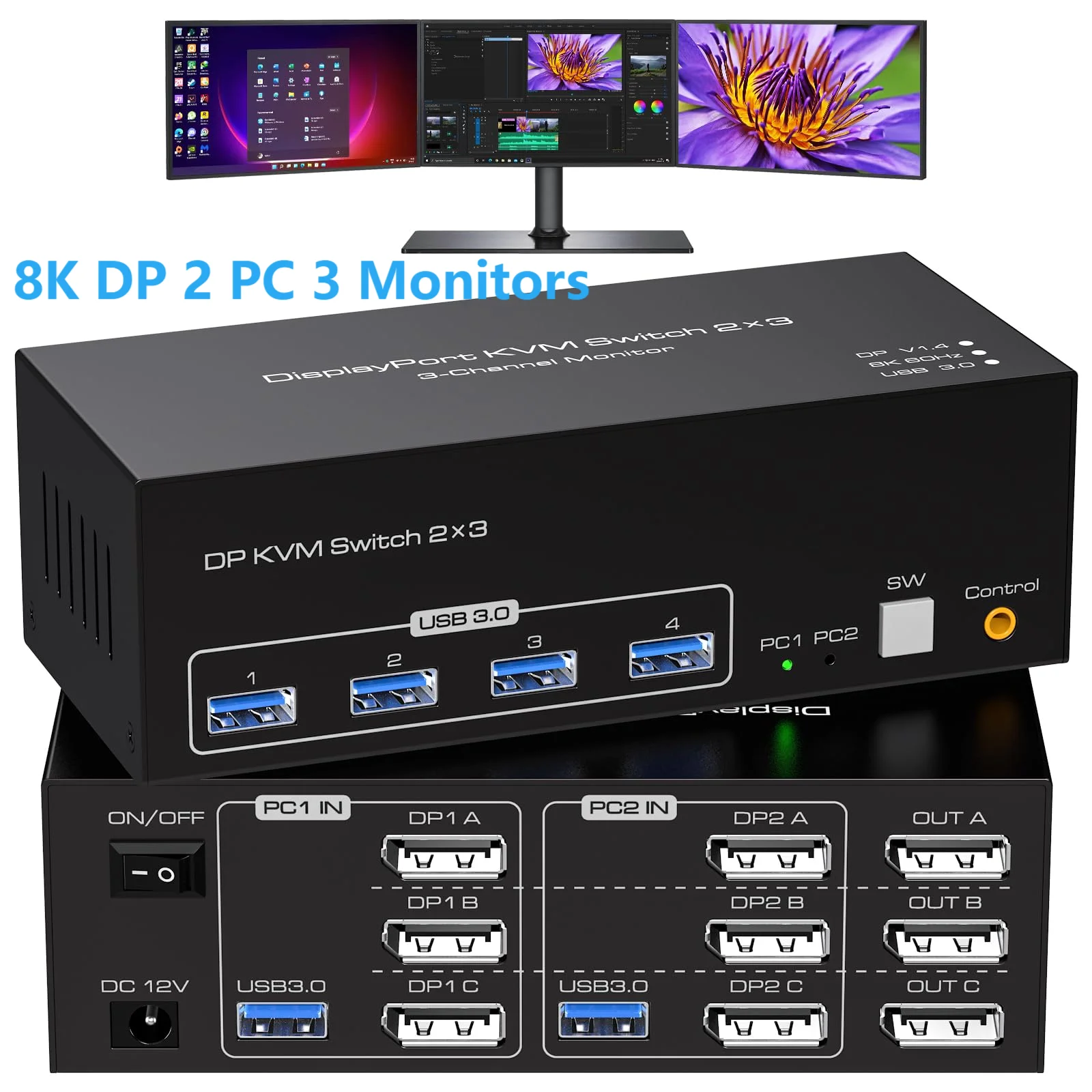 8K Triple Displayport USB 3.0 KVM Switch 3 Monitors 2 Computers 4K 144Hz 2x3 Triple Monitor HDMI DP KVM Switcher Keyboard Mouse