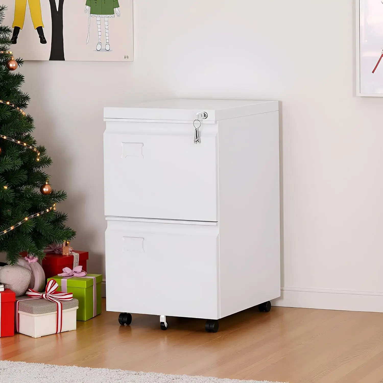 2 Drawer Mobile File Cabinet with Lock, Heavy Duty Steel Under Desk Filing Cabinet for Home Office, Anti-Tip Design with 5 Caste