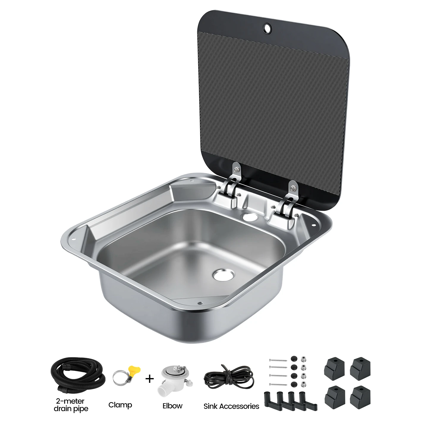 304 Stainless Steel RV Sink 420 X 435 mm Wide Single Bowl Kitchen Sink with Glass Lid for Camper Van Caravan Motorhome Boat
