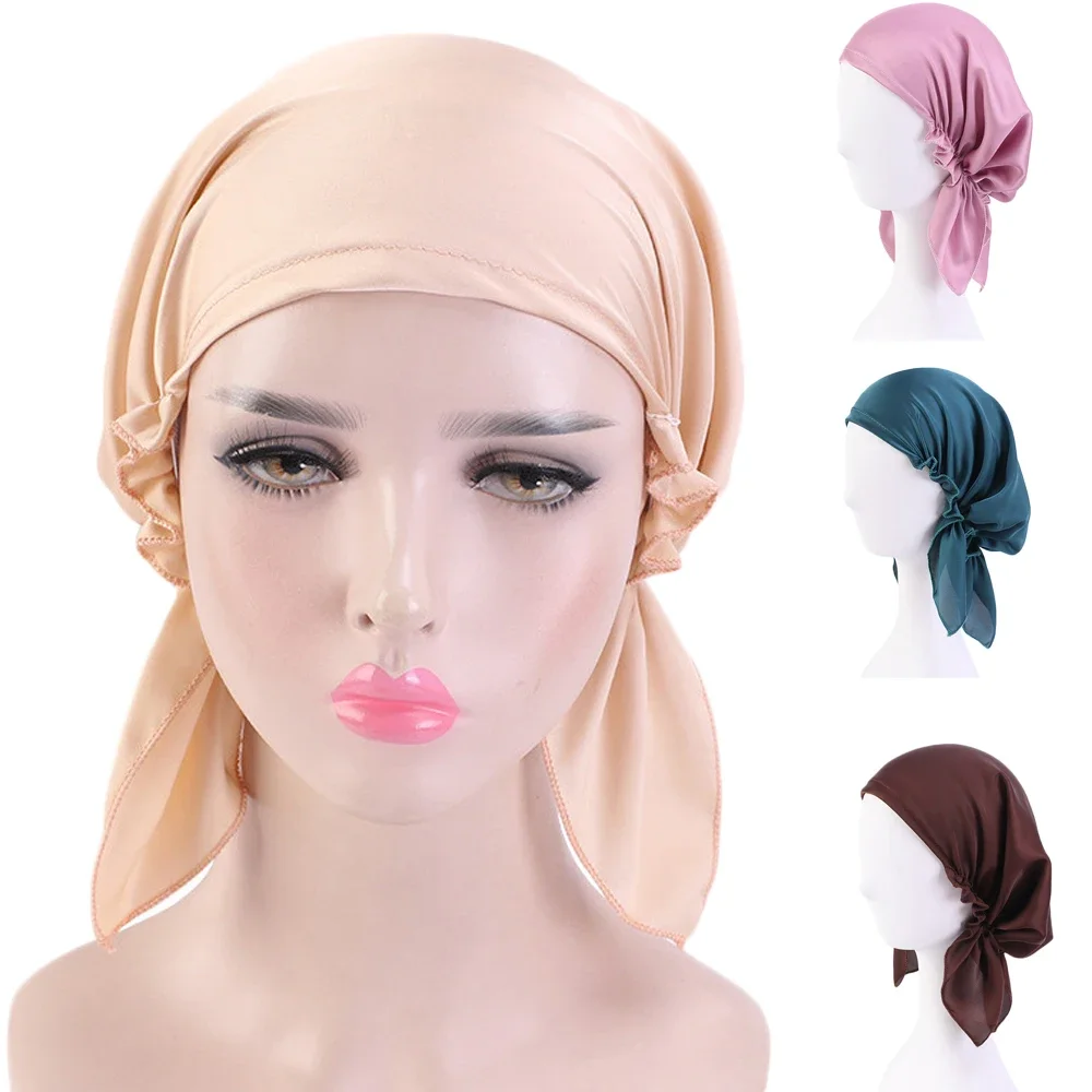 Muslim Women Satin Bonnet Arab Ruffle Turban Beanies Skullies Hair Loss Cap Chemo Cancer Cap Beanies Skullies Head Wrap Fashion