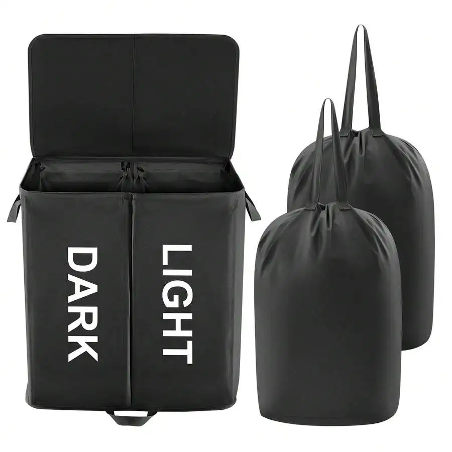 

136L Double Laundry Hamper With Lid And Removable Laundry Bags, Large Divided Hamper, Collapsible 2 Section Laundry